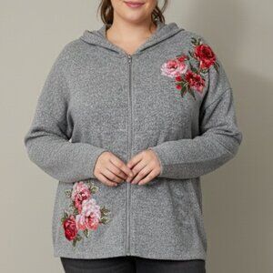 Rose Embroidered Streetcore Long Sleeve Gray Zip Up Hoodie XL